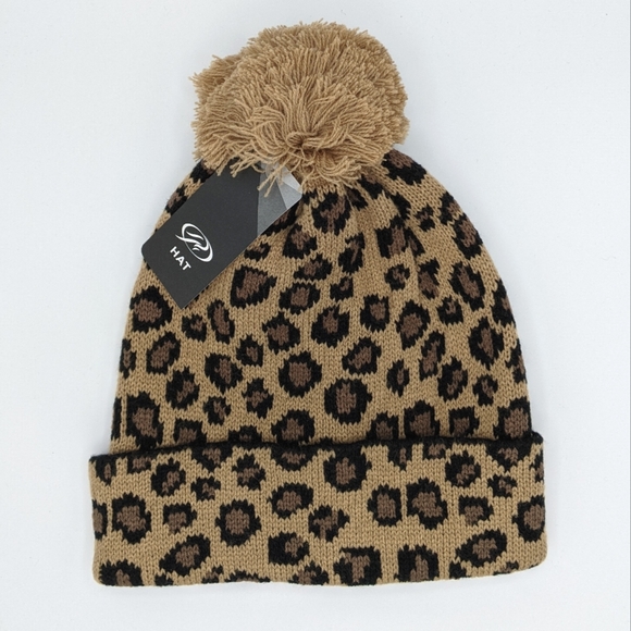 Accessories - Tan Leopard Print Pom Beanie